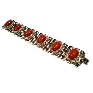 Vintage Golden Link Bracelet Maroon Domed Cabochon Sustainable Fashion Gift